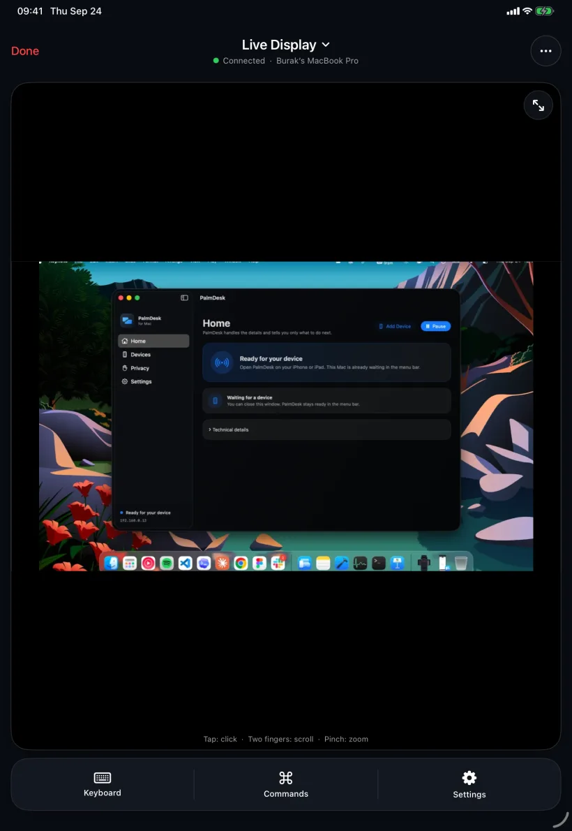 PalmDesk auf dem iPad zeigt den Mac-Bildschirm
