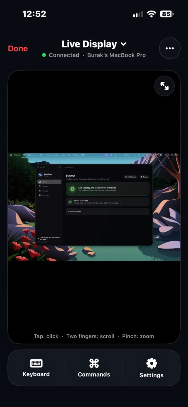 Live-Bildschirm zeigt einen Mac-Bildschirm auf dem iPhone